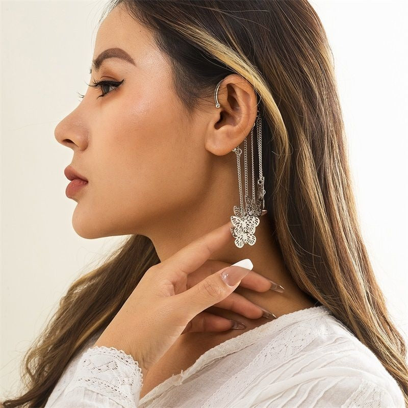 Dana v2 Butterfly Ear Cuff - A non-pierced ear cuff adorned with chains and tiny butterfly charms.