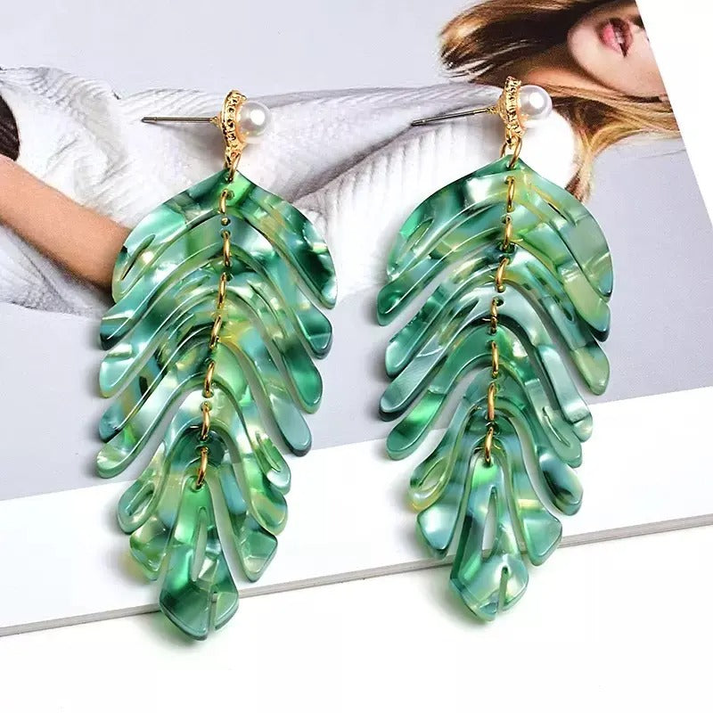 Daphne Acrylic Fern Frond Earrings - Large green earrings made to resemble the fronds of a fern, formed from marbled green acrylic.