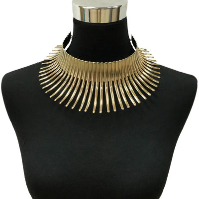 Solaris Radiant Statement Collar - A large metal choker/collar featuring long metal rays radiating out from the wearer's neck.