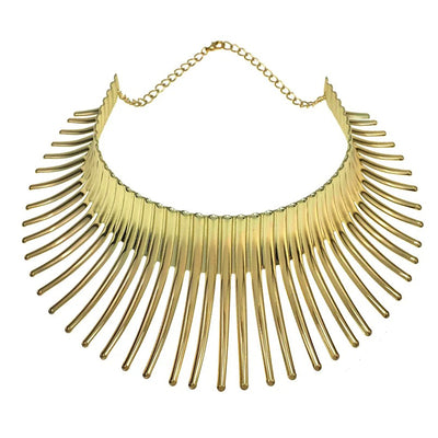 Solaris Radiant Statement Collar - A large metal choker/collar featuring long metal rays radiating out from the wearer's neck.
