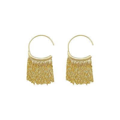 Naledi Chain Fringe Earrings - Medium-sized gold and silver earrings with long, sparkling metal tassels suspended from the bottom.