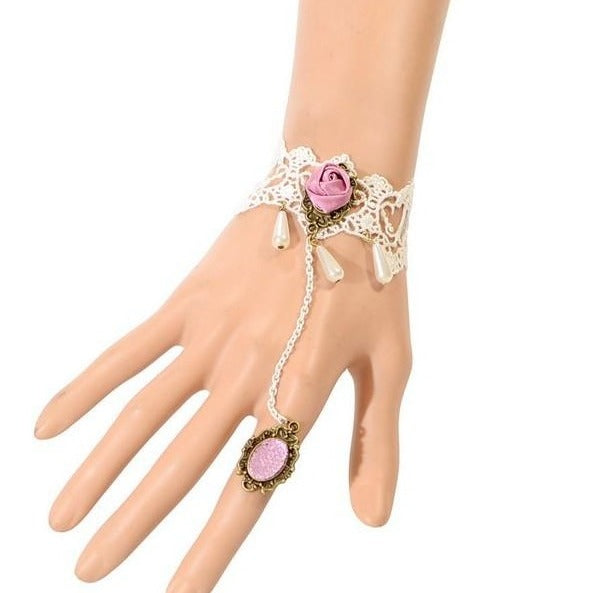 The Samantha Cuff - A white and pink lace dancing cuff with bracelet and attached ring.