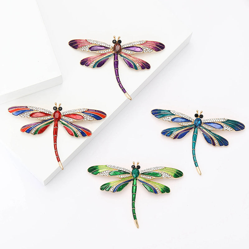 Aethera Dragonfly Brooch - A large, colourful dragonfly themed brooch with vibrant enamel paint and sparkling crystals.