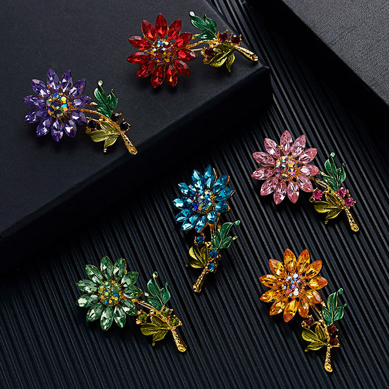 Analiese II Crystal Flower Brooch - Stylised daisy brooches made from vibrant, colourful crystals attached to a metal stalk. 