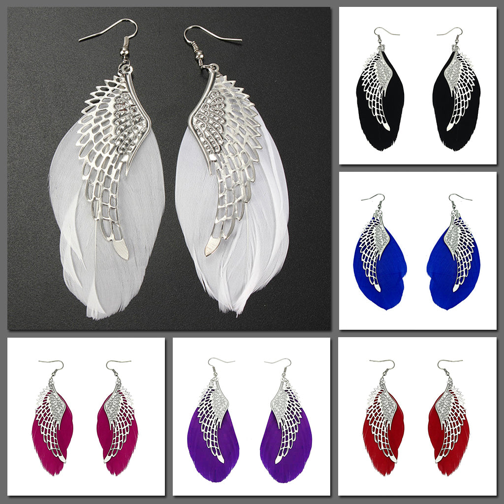 The Angel Feather Earrings - Large feathered earrings available in white, black, red, purple, and blue.