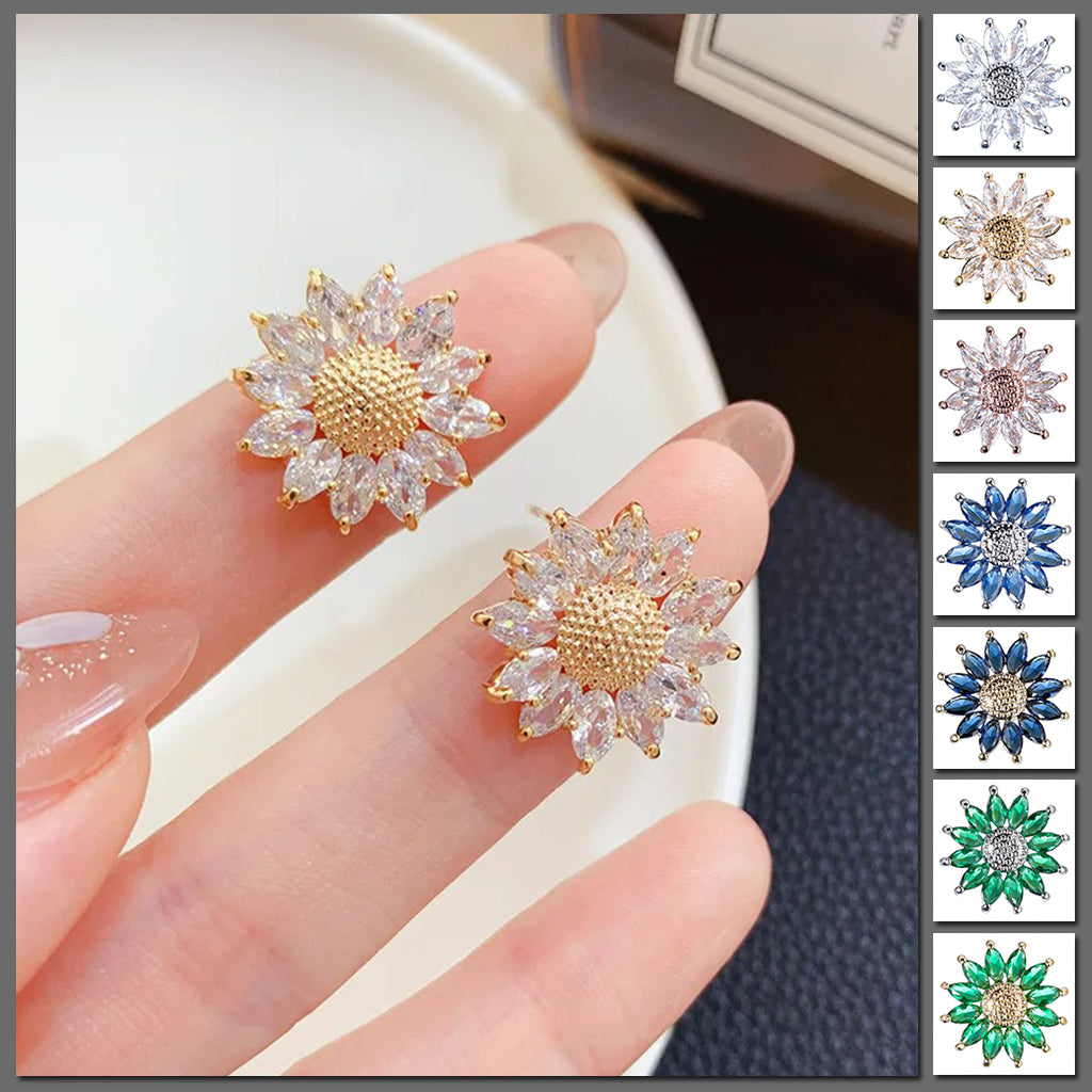 Annette Crystal Daisy Stud Earrings - Small round crystal earrings made to resemble cute little stylised sunflowers, with a pitted metal centre surrounded by crystal petals.