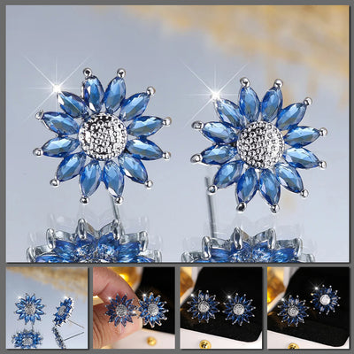 Annette Crystal Daisy Stud Earrings - Small round crystal earrings made to resemble cute little stylised sunflowers, with a pitted metal centre surrounded by crystal petals.
