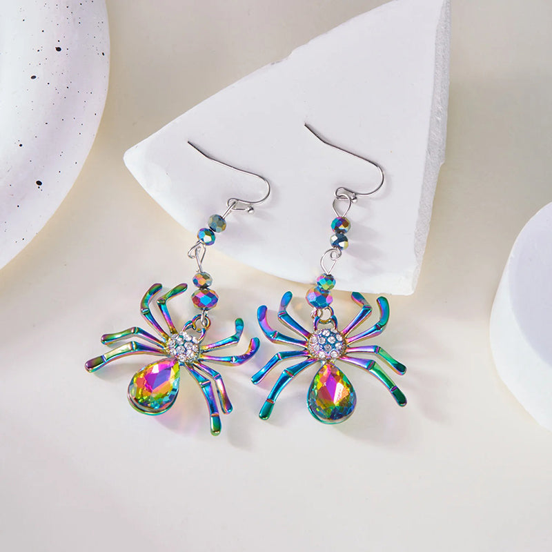 Arachne Iridescent Spider Dangle Earrings - Long, dangly French hook earrings with a colourful spider charm on the end.