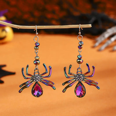 Arachne Iridescent Spider Dangle Earrings - Long, dangly French hook earrings with a colourful spider charm on the end.