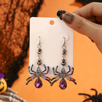 Arachne Iridescent Spider Dangle Earrings - Long, dangly French hook earrings with a colourful spider charm on the end.