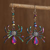 Arachne Iridescent Spider Dangle Earrings - Long, dangly French hook earrings with a colourful spider charm on the end.