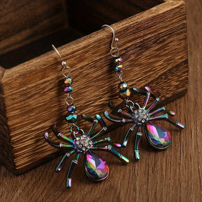 Arachne Iridescent Spider Dangle Earrings - Long, dangly French hook earrings with a colourful spider charm on the end.