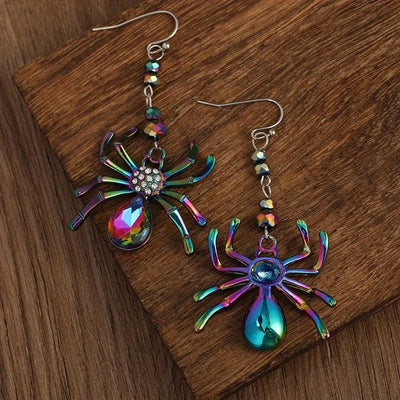 Arachne Iridescent Spider Dangle Earrings - Long, dangly French hook earrings with a colourful spider charm on the end.
