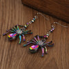 Arachne Iridescent Spider Dangle Earrings - Long, dangly French hook earrings with a colourful spider charm on the end.