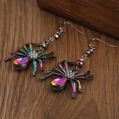 Arachne Iridescent Spider Dangle Earrings - Long, dangly French hook earrings with a colourful spider charm on the end.