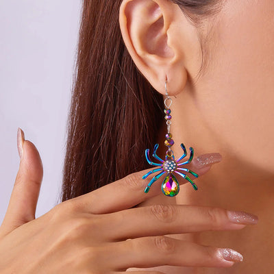 Arachne Iridescent Spider Dangle Earrings - Long, dangly French hook earrings with a colourful spider charm on the end.