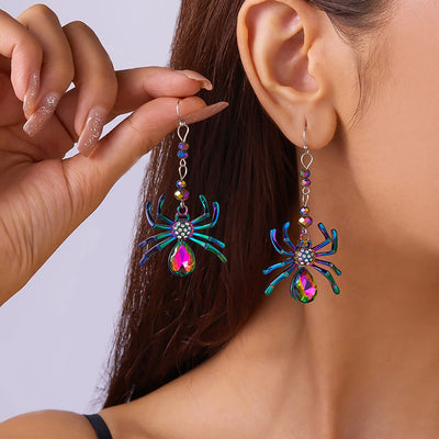 Arachne Iridescent Spider Dangle Earrings - Long, dangly French hook earrings with a colourful spider charm on the end.