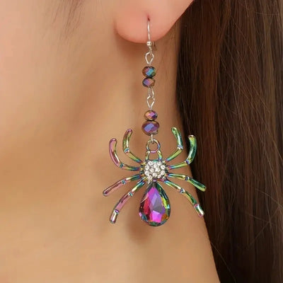 Arachne Iridescent Spider Dangle Earrings - Long, dangly French hook earrings with a colourful spider charm on the end.