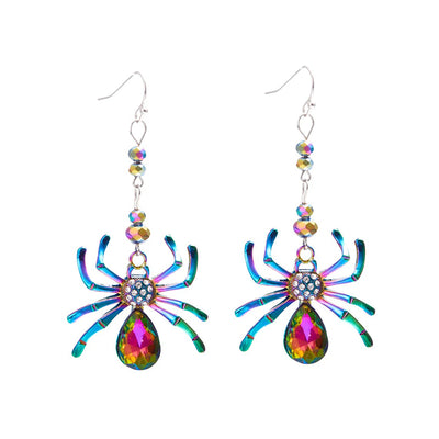 Arachne Iridescent Spider Dangle Earrings - Long, dangly French hook earrings with a colourful spider charm on the end.