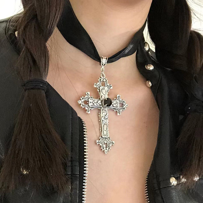 Bailey Oversized Ornate Cross Choker - A huge silver-coloured ornate cross pendant attached to a 17mm thick velvet choker.