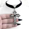 Bailey Oversized Ornate Cross Choker - A huge silver-coloured ornate cross pendant attached to a 17mm thick velvet choker.