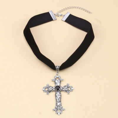 Bailey Oversized Ornate Cross Choker - A huge silver-coloured ornate cross pendant attached to a 17mm thick velvet choker.