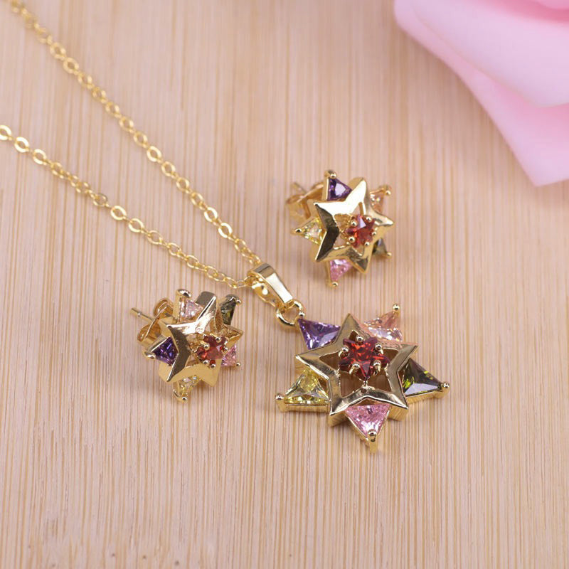 Bijoux Binary Star Pendant & Earrings Set - An elegant jewellery set composed of multi-coloured gemstones set in a twinkling dual star pattern.
