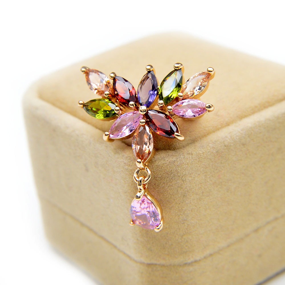 Bijoux Diadem Drop Brooch - A lovely crystal brooch made from marquise-shaped stones in an assortment of colours, arranged in a vaguely triangular shape.