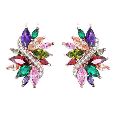Bijoux Flourish Crystal Stud Earrings - Large stud earrings featuring an assortment of crystals in different colours to create a rainbow effect, with a strand of rose gold and white quartz running through them like a flourish.