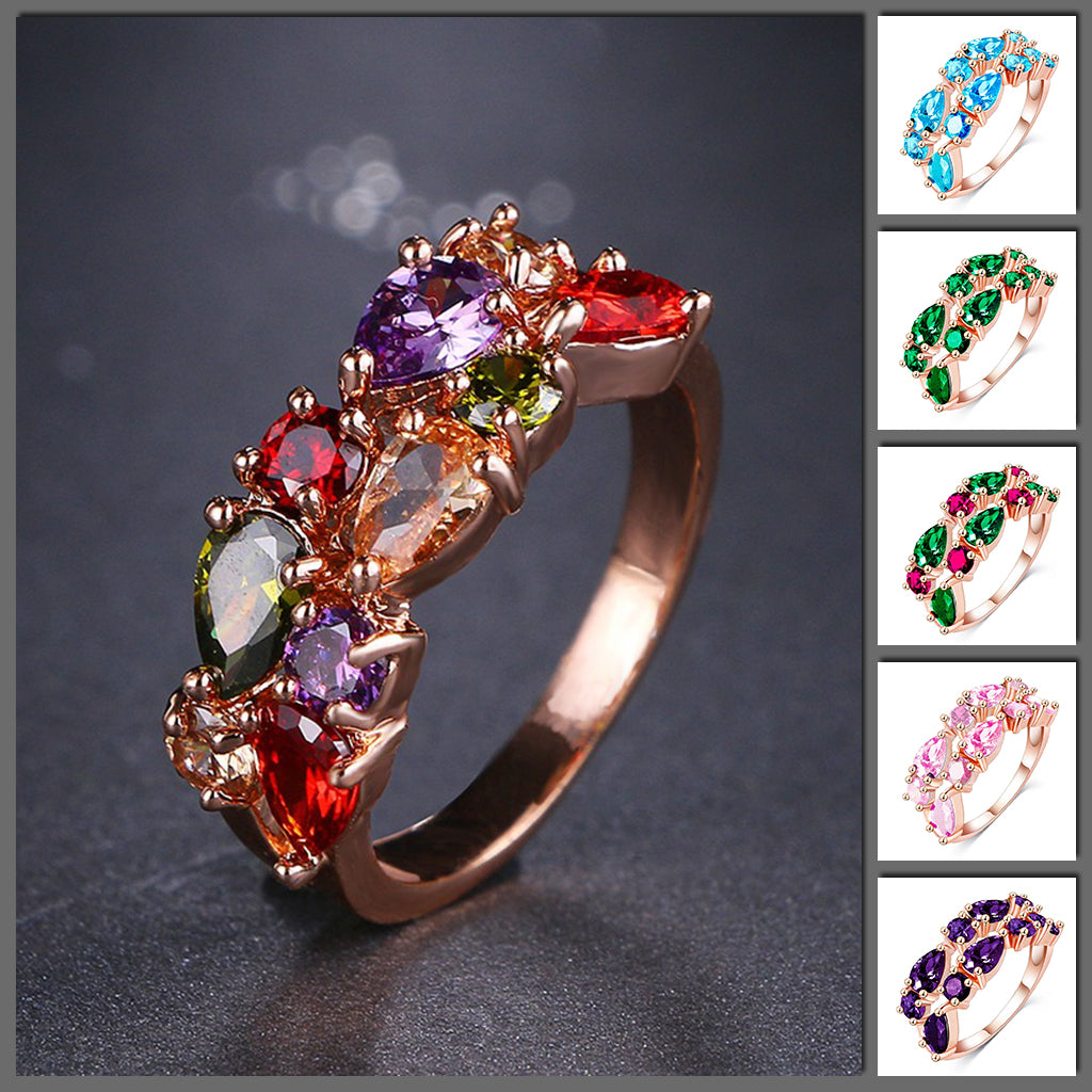 Bijoux Harlequin Statement Ring - An elegant gold band studded with multi-coloured gemstones, available in multiple different colour palettes.