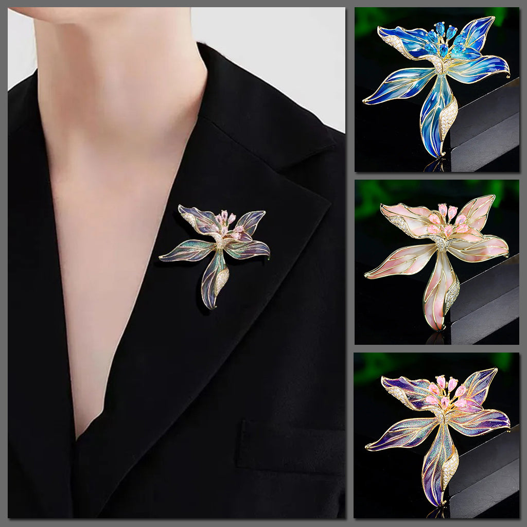 Brigette Orchid Sculpted Resin Brooch - An elegant floral brooch available in blue, pink, or purple, with shimmering crystals and semi-translucent resin. 