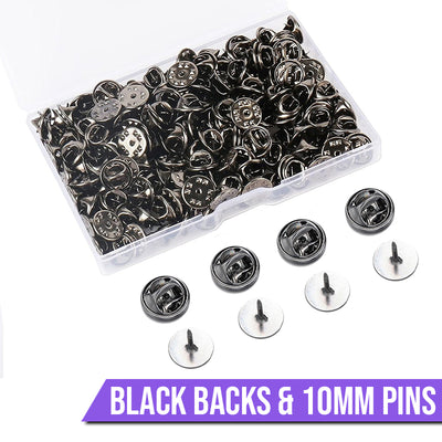 Cheeky Crafter Brooch Pins & Metal Backs Kit - Simple steel pin-and-cap brooch backs in a cute little plastic storage container, available in rose or yellow gold, silver, or gunmetal black.