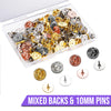 Cheeky Crafter Brooch Pins & Metal Backs Kit - Simple steel pin-and-cap brooch backs in a cute little plastic storage container, available in rose or yellow gold, silver, or gunmetal black.