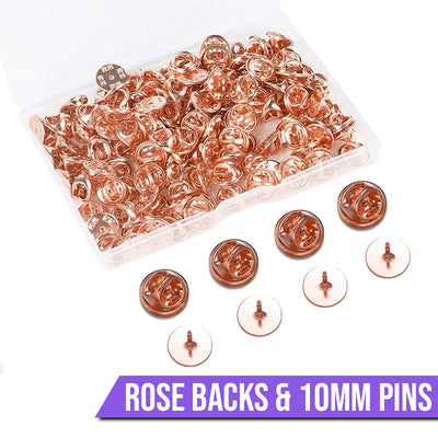 Cheeky Crafter Brooch Pins & Metal Backs Kit - Simple steel pin-and-cap brooch backs in a cute little plastic storage container, available in rose or yellow gold, silver, or gunmetal black.