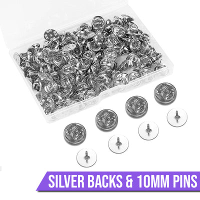 Cheeky Crafter Brooch Pins & Metal Backs Kit - Simple steel pin-and-cap brooch backs in a cute little plastic storage container, available in rose or yellow gold, silver, or gunmetal black.