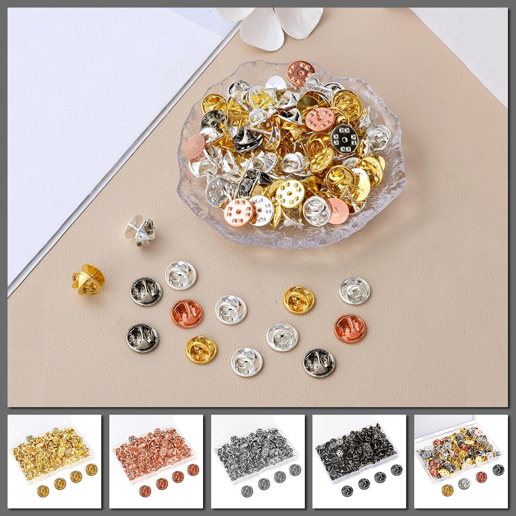 Cheeky Crafter Brooch Backs 48 Piece Kit (Metal) - Simple steel brooch backs in a cute little plastic storage container, available in rose or yellow gold, silver, or gunmetal black.