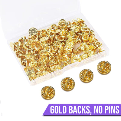 Cheeky Crafter Brooch Backs 48 Piece Kit (Metal) - Simple steel brooch backs in a cute little plastic storage container, available in rose or yellow gold, silver, or gunmetal black.