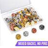 Cheeky Crafter Brooch Backs 48 Piece Kit (Metal) - Simple steel brooch backs in a cute little plastic storage container, available in rose or yellow gold, silver, or gunmetal black.