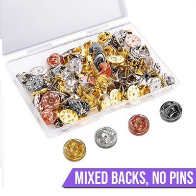 Cheeky Crafter Brooch Backs 48 Piece Kit (Metal) - Simple steel brooch backs in a cute little plastic storage container, available in rose or yellow gold, silver, or gunmetal black.