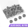 Cheeky Crafter Brooch Backs 48 Piece Kit (Metal) - Simple steel brooch backs in a cute little plastic storage container, available in rose or yellow gold, silver, or gunmetal black.
