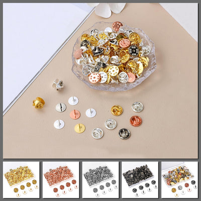 Cheeky Crafter Brooch Pins & Metal Backs Kit - Simple steel pin-and-cap brooch backs in a cute little plastic storage container, available in rose or yellow gold, silver, or gunmetal black.