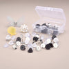 Cheeky Crafter Brooch Pins & Backs Kit - A box of 48 pin-style brooch backs and matching caps, shown in various uses.