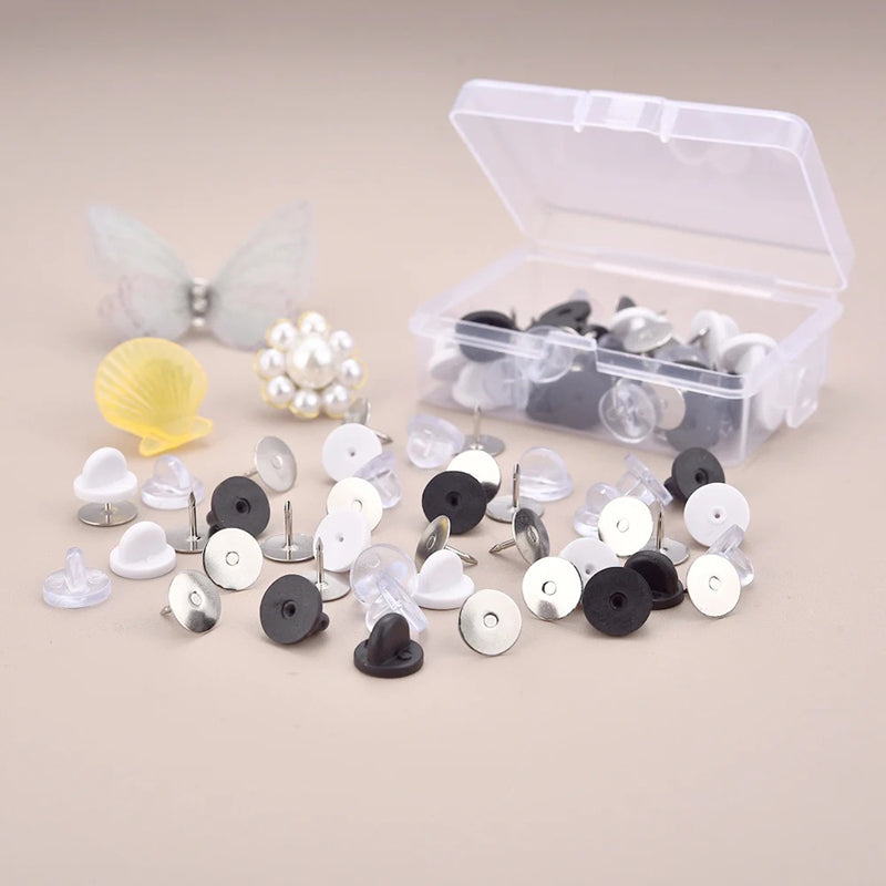 Cheeky Crafter Brooch Pins & Backs Kit - A box of 48 pin-style brooch backs and matching caps, shown in various uses.