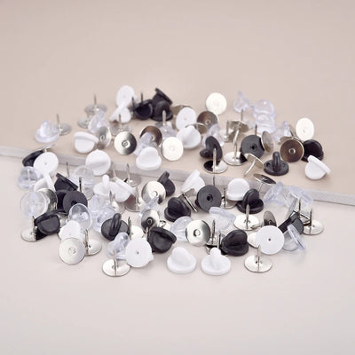Cheeky Crafter Brooch Pins & Backs Kit - A box of 48 pin-style brooch backs and matching caps, shown in various uses.