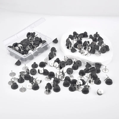 Cheeky Crafter Brooch Pins & Backs Kit - A box of 48 pin-style brooch backs and matching caps, shown in various uses.