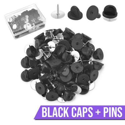 Cheeky Crafter Brooch Pins & Backs Kit - A box of 48 pin-style brooch backs and matching caps, shown in various uses.