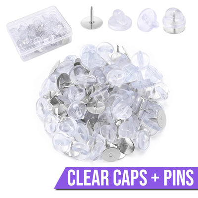 Cheeky Crafter Brooch Pins & Backs Kit - A box of 48 pin-style brooch backs and matching caps, shown in various uses.