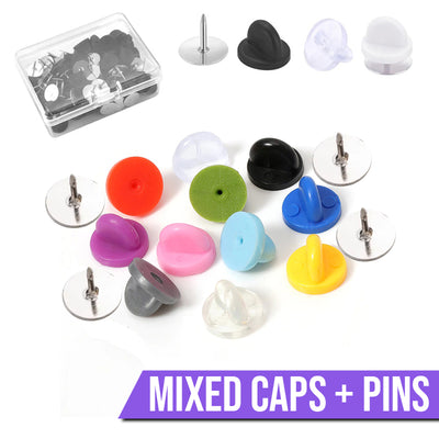 Cheeky Crafter Brooch Pins & Backs Kit - A box of 48 pin-style brooch backs and matching caps, shown in various uses.