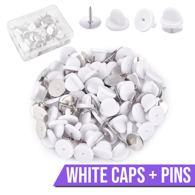 Cheeky Crafter Brooch Pins & Backs Kit - A box of 48 pin-style brooch backs and matching caps, shown in various uses.