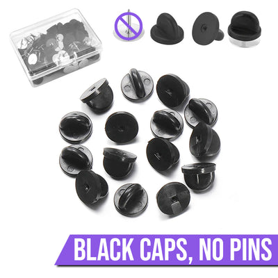Cheeky Crafter Brooch Pins & Backs Kit - A box of 48 pin-style brooch backs and matching caps, shown in various uses.